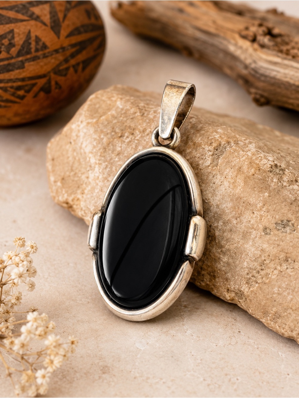 Native American Jet Sterling Silver Pendant Black Jet Stone Signed 925